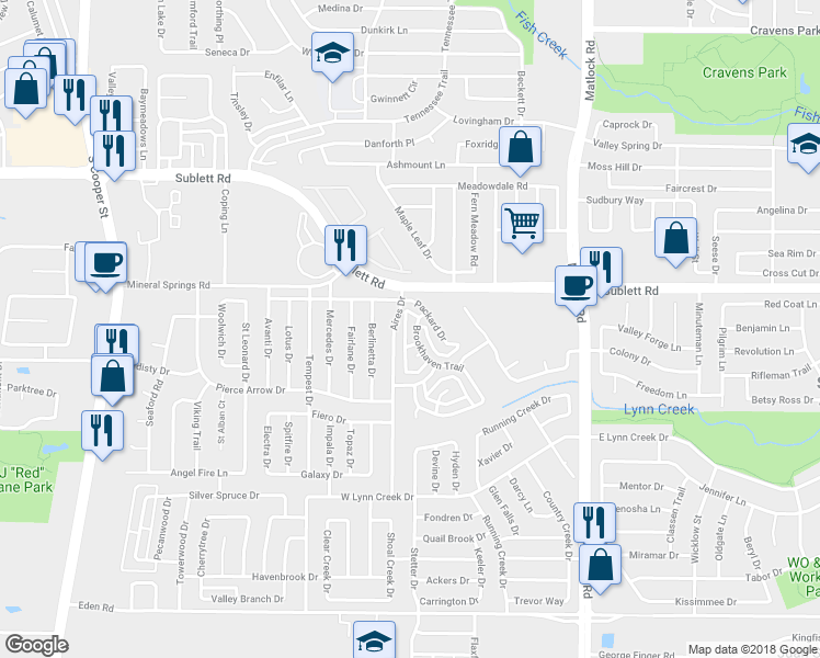 map of restaurants, bars, coffee shops, grocery stores, and more near 6218 Brookhaven Trail in Arlington