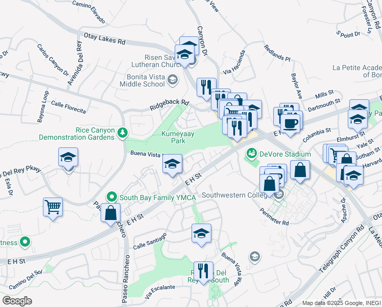 map of restaurants, bars, coffee shops, grocery stores, and more near 1374 Serena Circle in Chula Vista