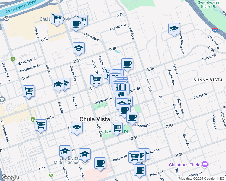 map of restaurants, bars, coffee shops, grocery stores, and more near 248 3rd Avenue in Chula Vista