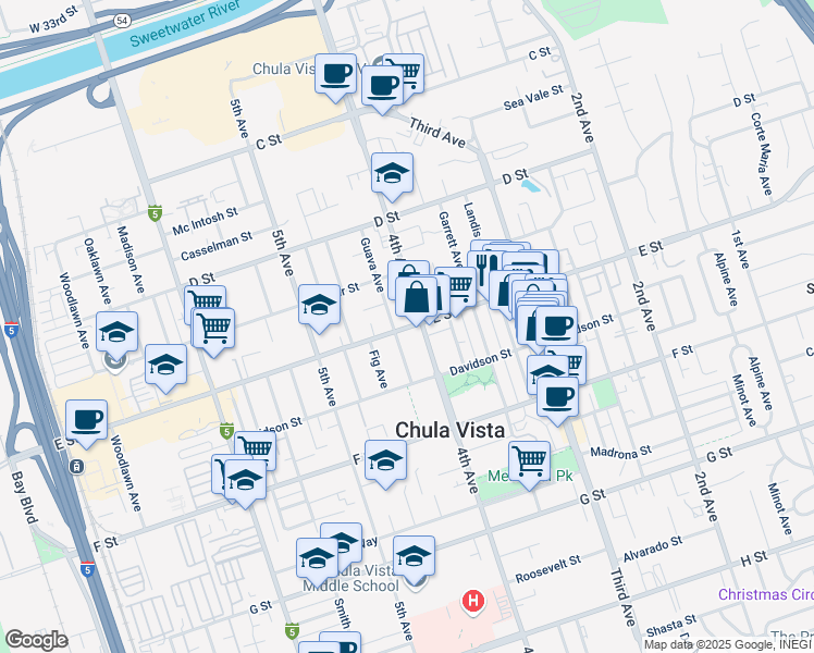 map of restaurants, bars, coffee shops, grocery stores, and more near 214 4th Avenue in Chula Vista