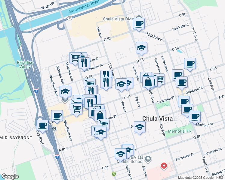 map of restaurants, bars, coffee shops, grocery stores, and more near 186 5th Avenue in Chula Vista