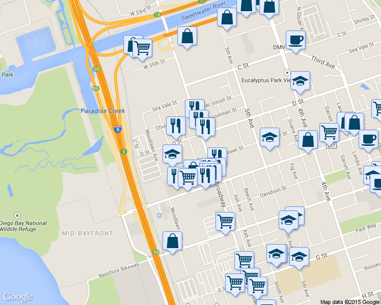 map of restaurants, bars, coffee shops, grocery stores, and more near 135 Jefferson Avenue in Chula Vista