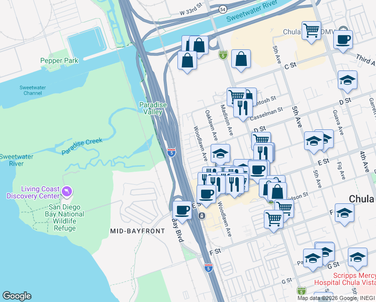map of restaurants, bars, coffee shops, grocery stores, and more near 100 Woodlawn Avenue in Chula Vista