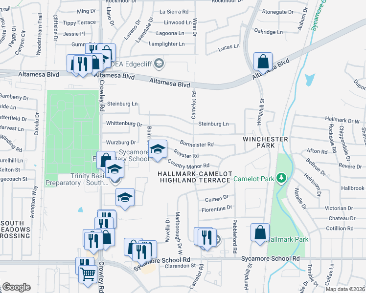 map of restaurants, bars, coffee shops, grocery stores, and more near 1404 Royster Road in Fort Worth