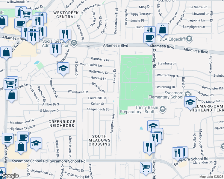 map of restaurants, bars, coffee shops, grocery stores, and more near 2505 Winding Road in Fort Worth