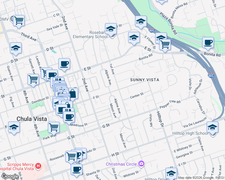 map of restaurants, bars, coffee shops, grocery stores, and more near 310 1st Avenue in Chula Vista