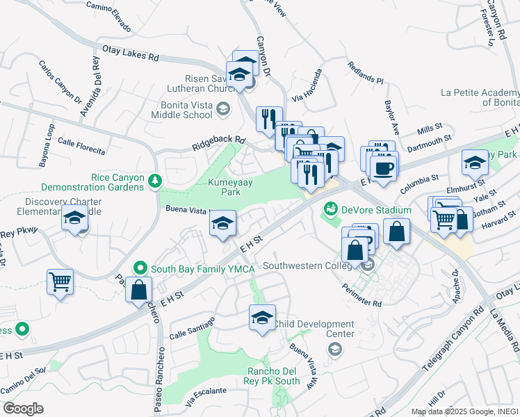 map of restaurants, bars, coffee shops, grocery stores, and more near 1358 Serena Circle in Chula Vista
