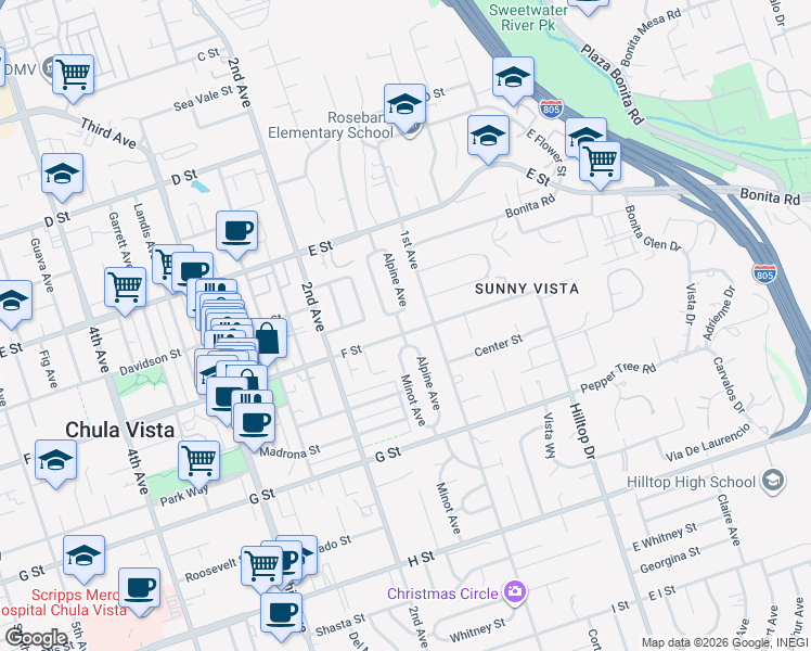 map of restaurants, bars, coffee shops, grocery stores, and more near 140 F Street in Chula Vista