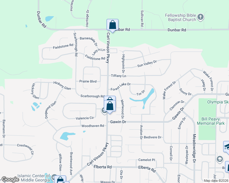 map of restaurants, bars, coffee shops, grocery stores, and more near 103 Tara Court in Warner Robins