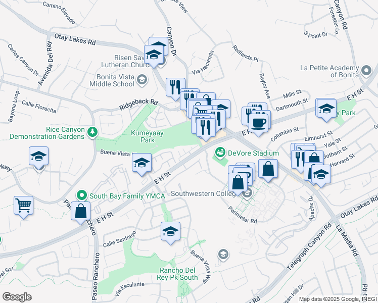 map of restaurants, bars, coffee shops, grocery stores, and more near Summit Drive in Chula Vista