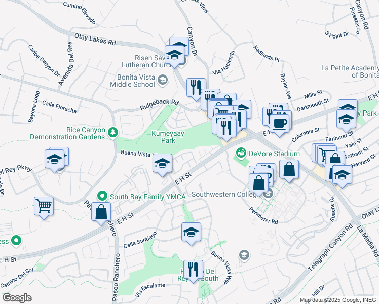map of restaurants, bars, coffee shops, grocery stores, and more near 1374 Serena Circle in Chula Vista