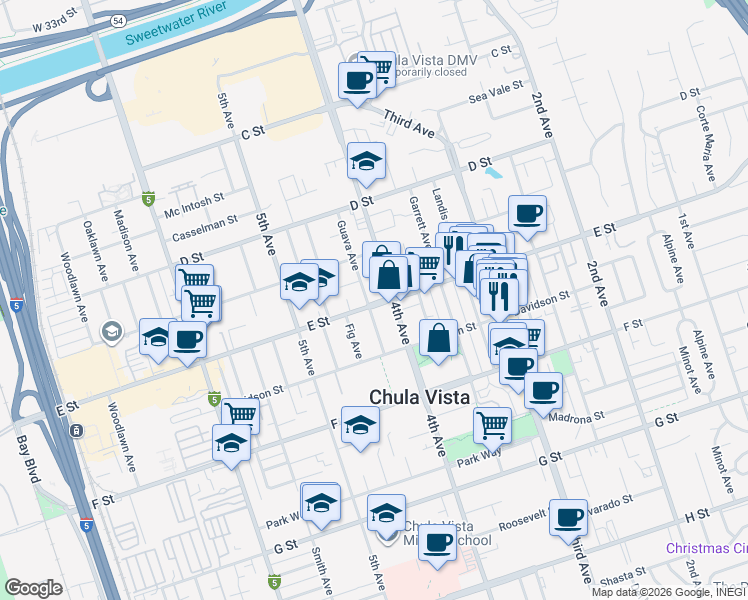 map of restaurants, bars, coffee shops, grocery stores, and more near 214 4th Avenue in Chula Vista