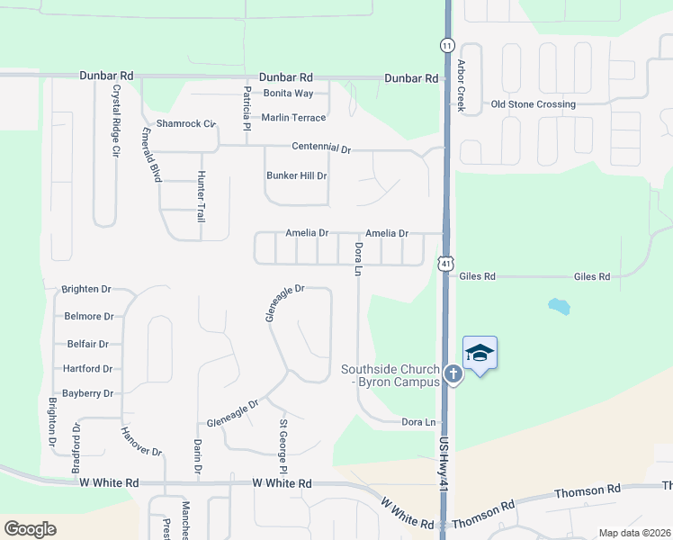 map of restaurants, bars, coffee shops, grocery stores, and more near 155 Dora Lane in Byron