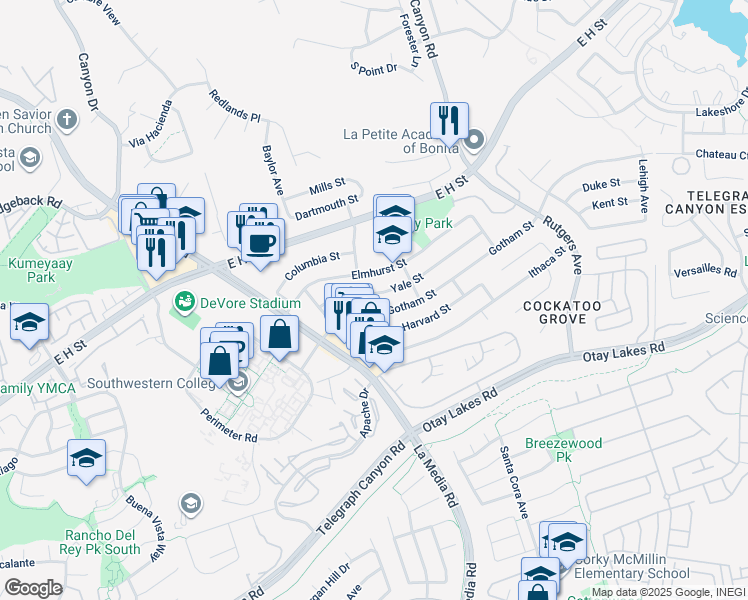 map of restaurants, bars, coffee shops, grocery stores, and more near 1654 Yale Street in Chula Vista