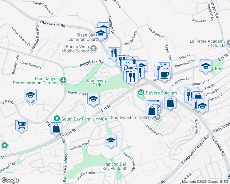 map of restaurants, bars, coffee shops, grocery stores, and more near 1415 Summit Drive in Chula Vista
