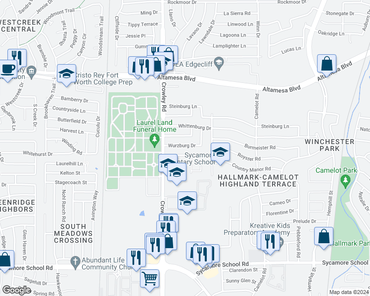map of restaurants, bars, coffee shops, grocery stores, and more near 1825 Wurzburg Drive in Fort Worth