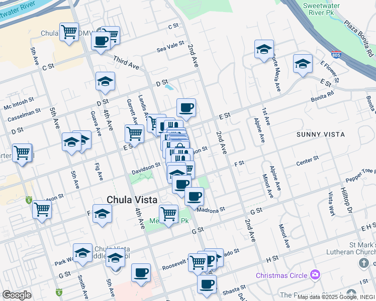 map of restaurants, bars, coffee shops, grocery stores, and more near 257 Church Avenue in Chula Vista