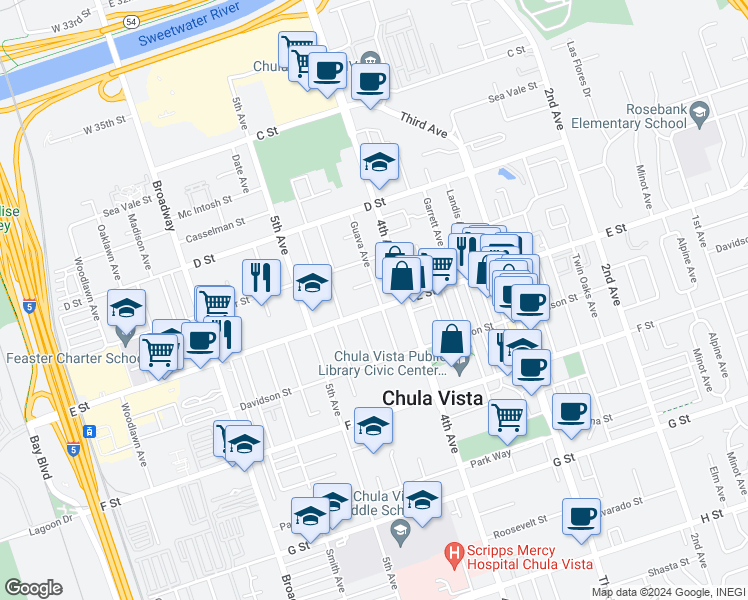 map of restaurants, bars, coffee shops, grocery stores, and more near 446 County Highway S17 in Chula Vista