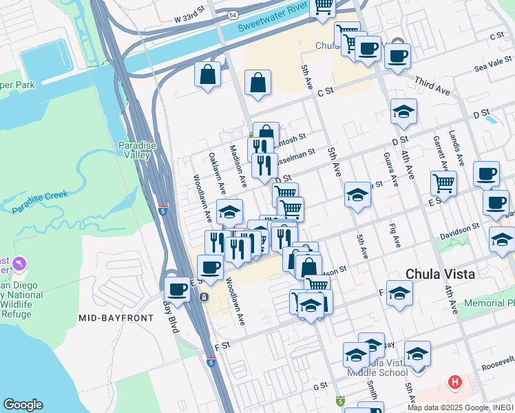 map of restaurants, bars, coffee shops, grocery stores, and more near 135 Jefferson Avenue in Chula Vista