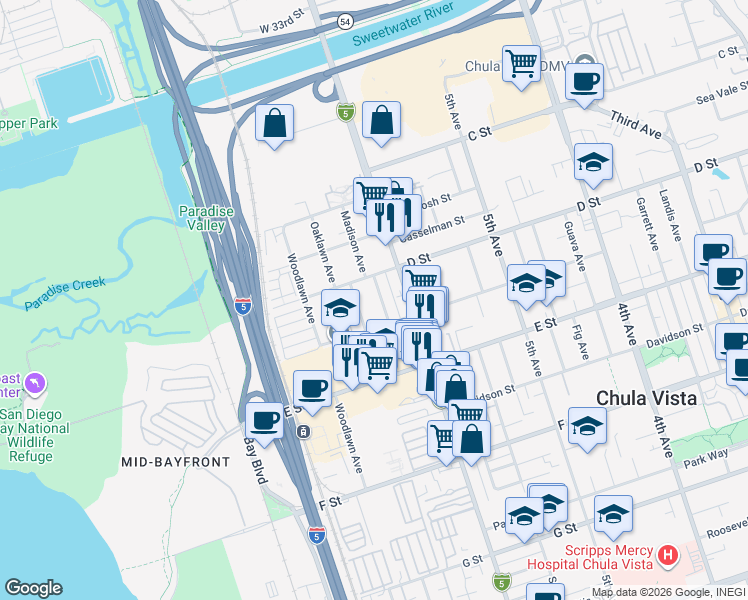 map of restaurants, bars, coffee shops, grocery stores, and more near 135 Jefferson Avenue in Chula Vista