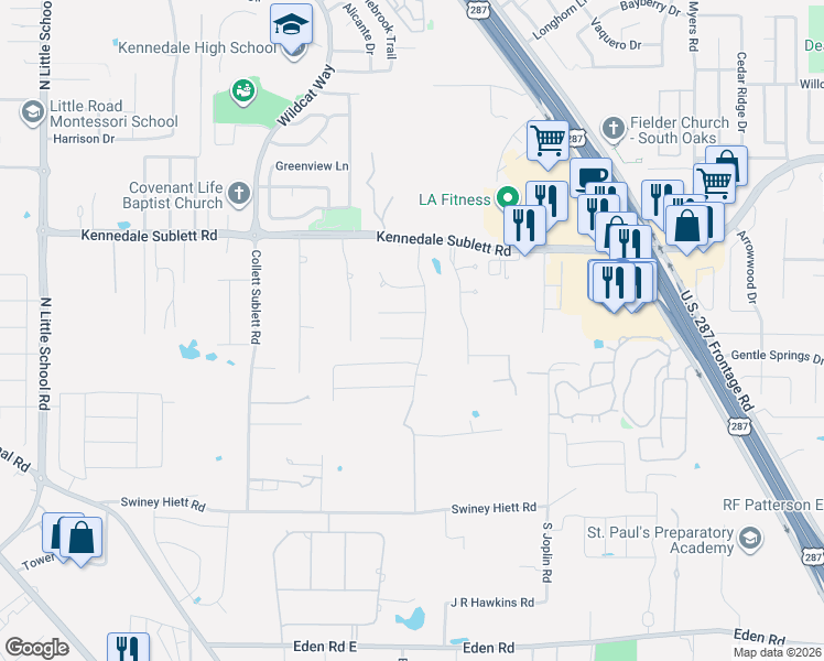 map of restaurants, bars, coffee shops, grocery stores, and more near 1266 Leanne Court in Kennedale