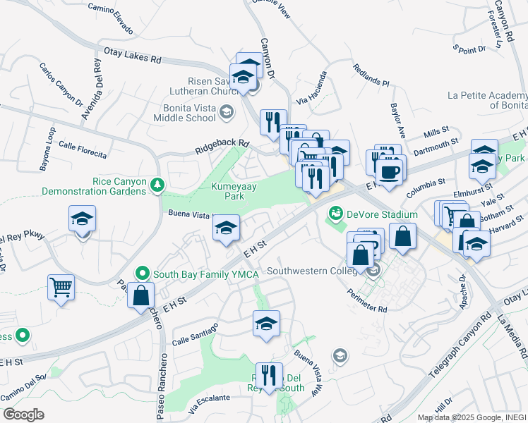 map of restaurants, bars, coffee shops, grocery stores, and more near 1374 Serena Circle in Chula Vista