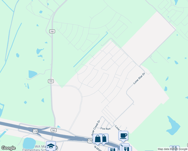 map of restaurants, bars, coffee shops, grocery stores, and more near 1715 Arroyo Road in Crandall