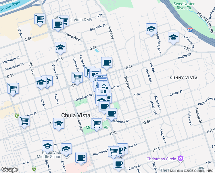 map of restaurants, bars, coffee shops, grocery stores, and more near 245 Church Avenue in Chula Vista