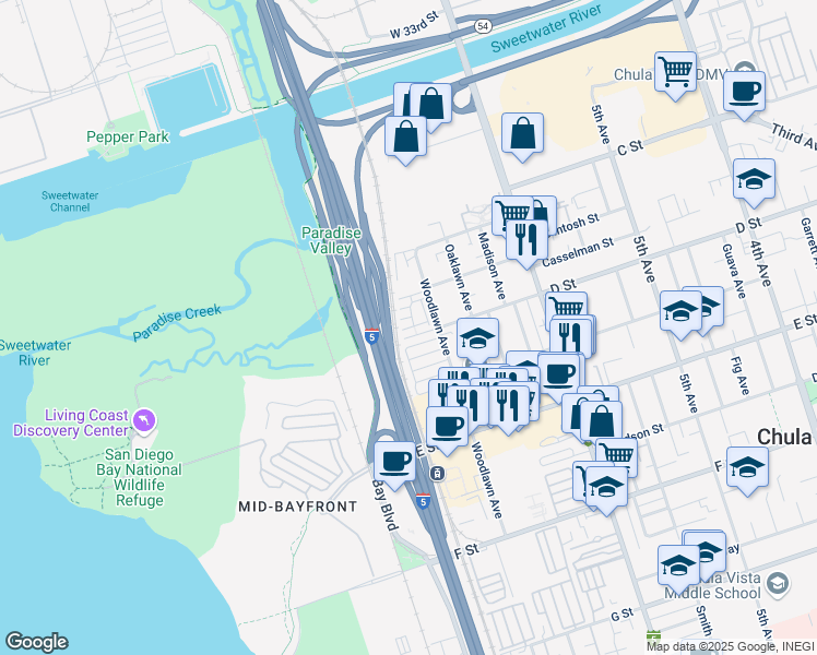 map of restaurants, bars, coffee shops, grocery stores, and more near 100 Woodlawn Avenue in Chula Vista