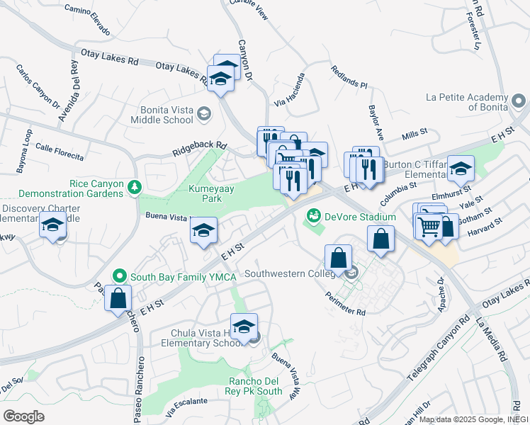 map of restaurants, bars, coffee shops, grocery stores, and more near 1461 Summit Drive in Chula Vista