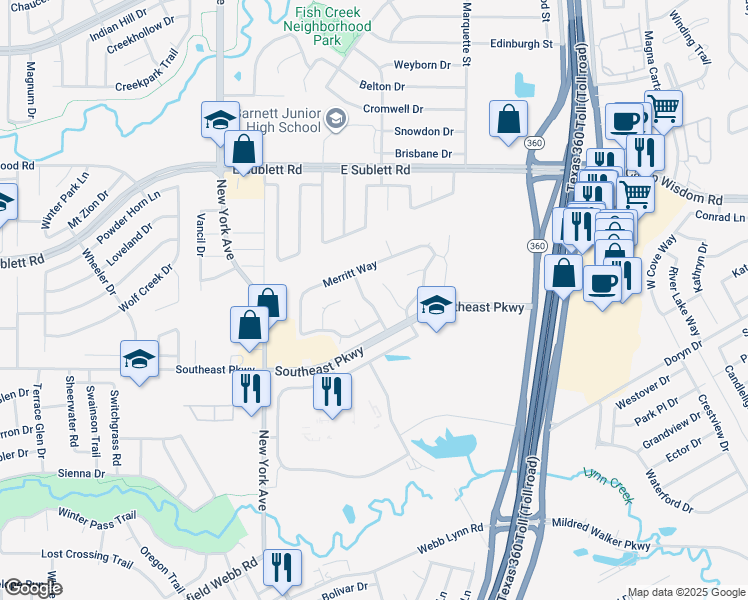 map of restaurants, bars, coffee shops, grocery stores, and more near 6403 Clear Pool Drive in Arlington