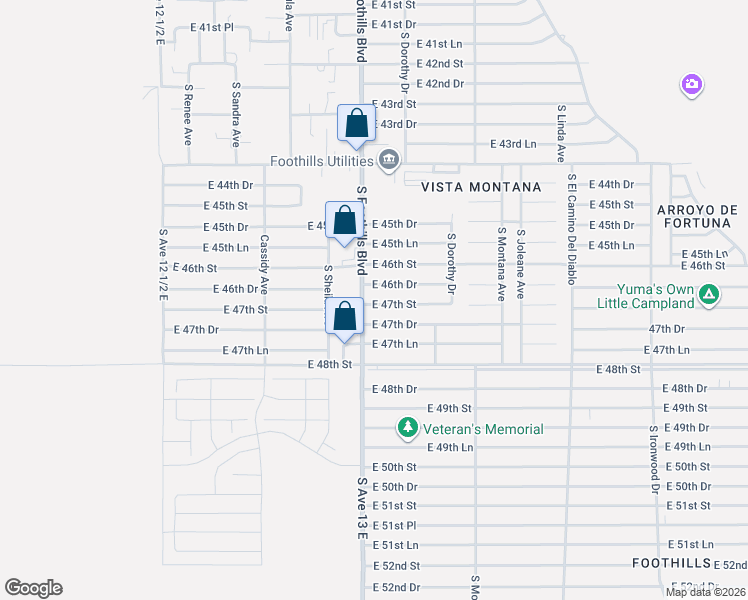 map of restaurants, bars, coffee shops, grocery stores, and more near 13108 East 47th Drive in Yuma