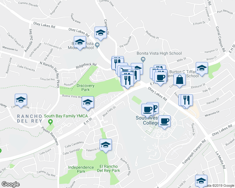 map of restaurants, bars, coffee shops, grocery stores, and more near 1440 East H Street in Chula Vista