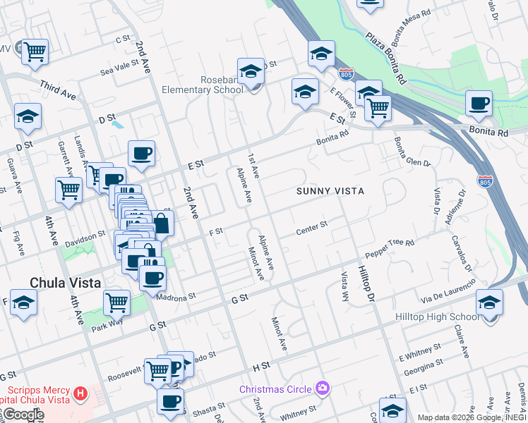 map of restaurants, bars, coffee shops, grocery stores, and more near 310 1st Avenue in Chula Vista