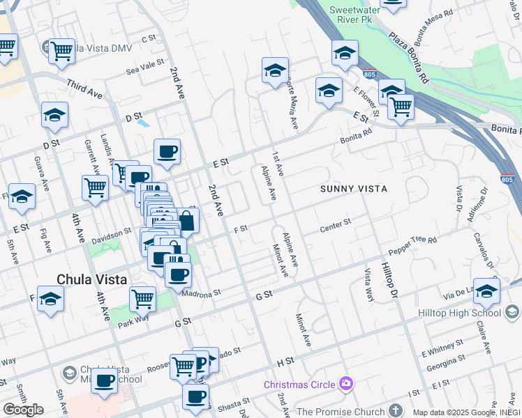 map of restaurants, bars, coffee shops, grocery stores, and more near 140 F Street in Chula Vista
