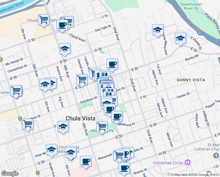 map of restaurants, bars, coffee shops, grocery stores, and more near 257 Church Avenue in Chula Vista
