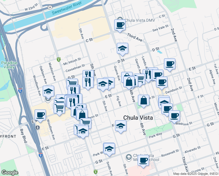 map of restaurants, bars, coffee shops, grocery stores, and more near 479 County Highway S17 in Chula Vista