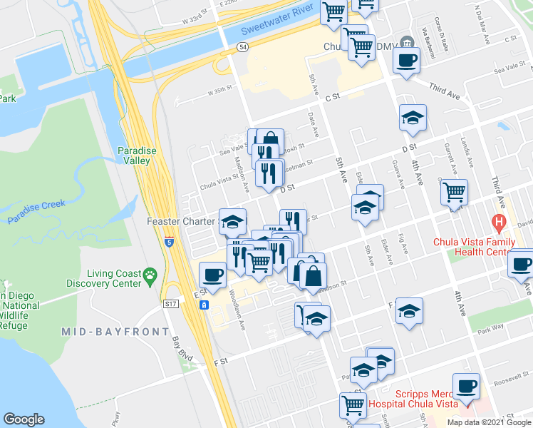 map of restaurants, bars, coffee shops, grocery stores, and more near 135 Jefferson Avenue in Chula Vista