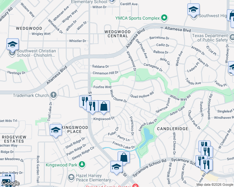 map of restaurants, bars, coffee shops, grocery stores, and more near 7109 Wind Chime Drive in Fort Worth