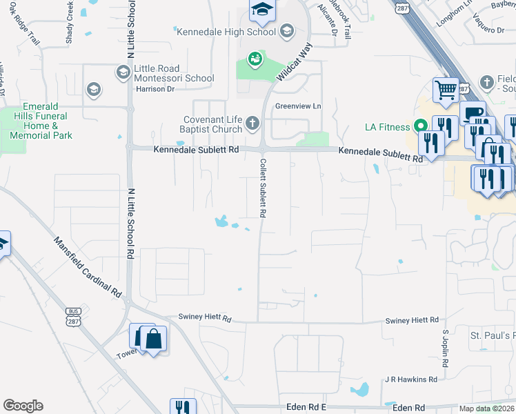 map of restaurants, bars, coffee shops, grocery stores, and more near 1132 Kennedale Sublett Road in Kennedale