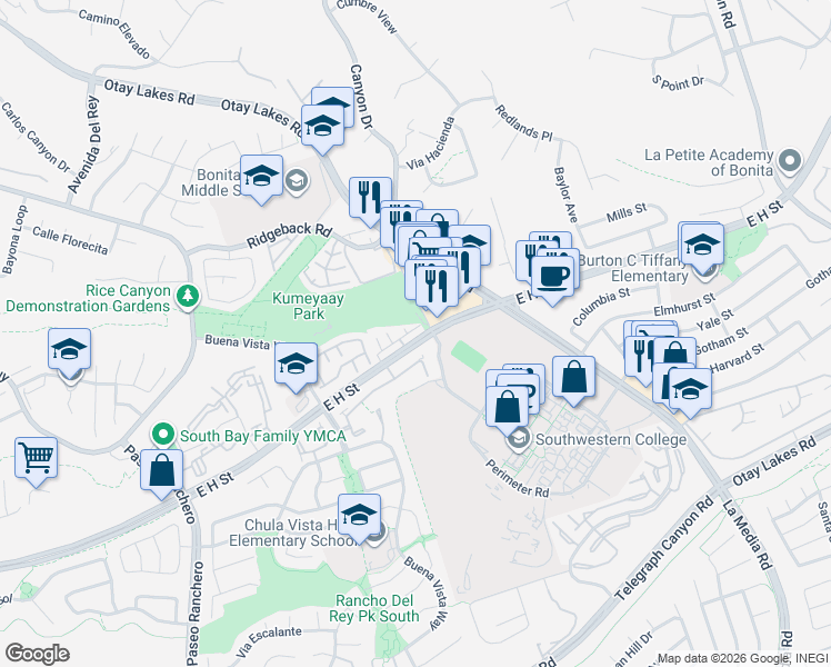 map of restaurants, bars, coffee shops, grocery stores, and more near 1474 Summit Drive in Chula Vista