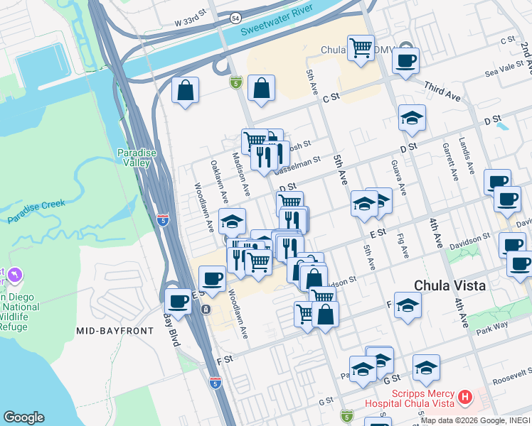 map of restaurants, bars, coffee shops, grocery stores, and more near 135 Jefferson Avenue in Chula Vista