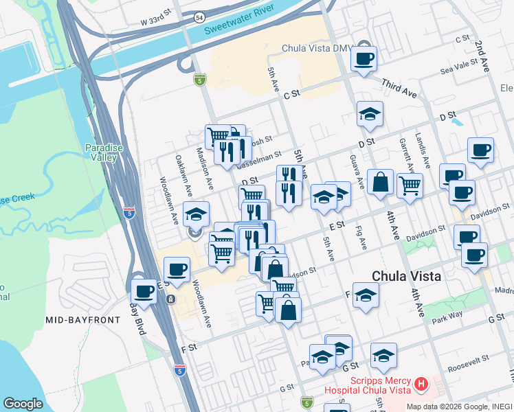 map of restaurants, bars, coffee shops, grocery stores, and more near 577 Flower Street in Chula Vista