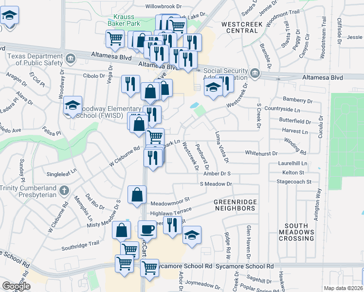 map of restaurants, bars, coffee shops, grocery stores, and more near 6821 Westglen Drive in Fort Worth