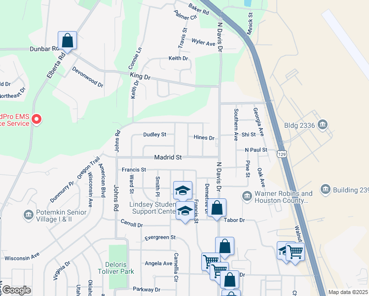 map of restaurants, bars, coffee shops, grocery stores, and more near 105 Magnolia Avenue in Warner Robins