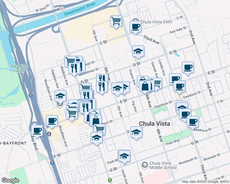 map of restaurants, bars, coffee shops, grocery stores, and more near 497 Flower Street in Chula Vista