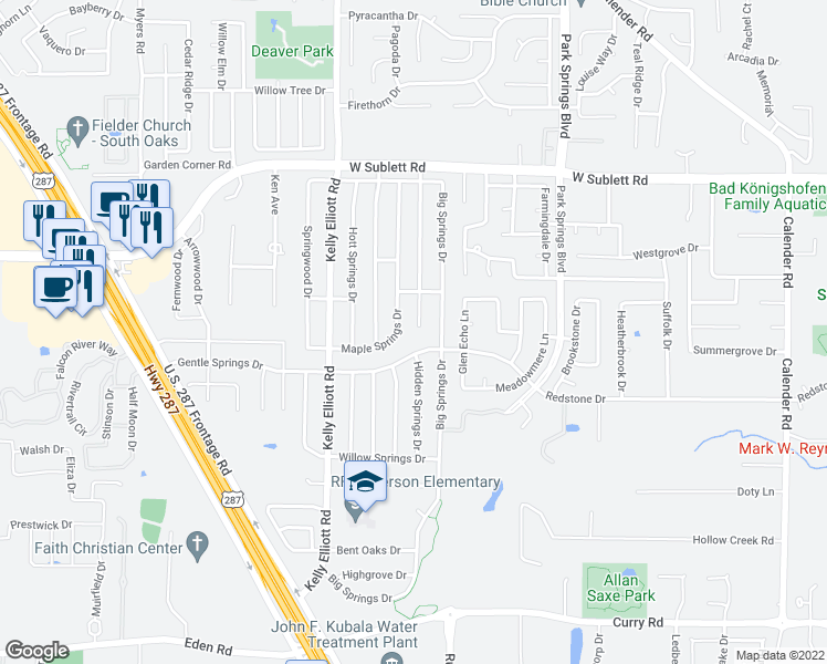 map of restaurants, bars, coffee shops, grocery stores, and more near 6224 Autumn Springs Court in Arlington