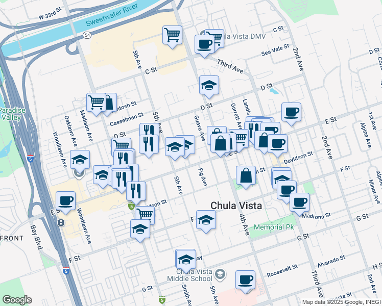map of restaurants, bars, coffee shops, grocery stores, and more near 153 Brightwood Avenue in Chula Vista