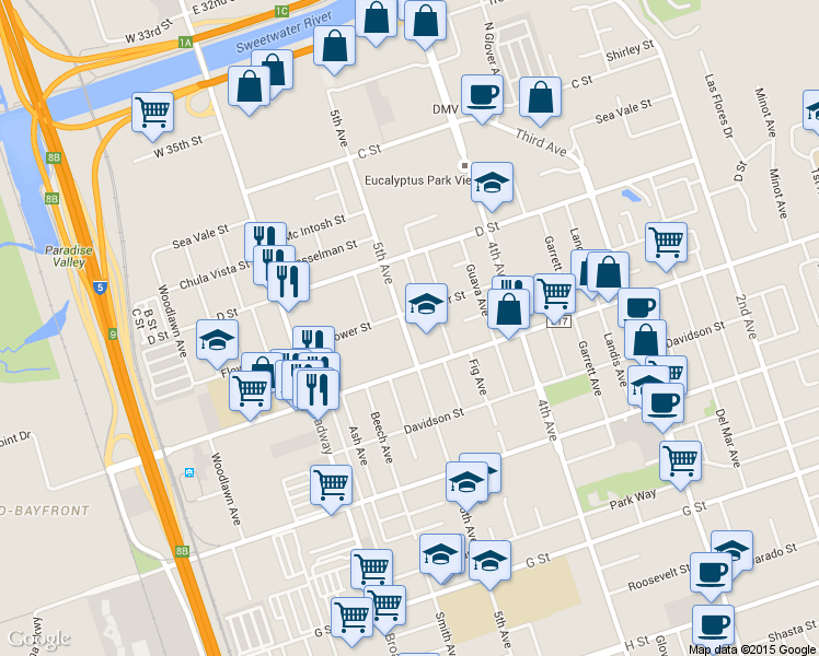 map of restaurants, bars, coffee shops, grocery stores, and more near 497 Flower Street in Chula Vista