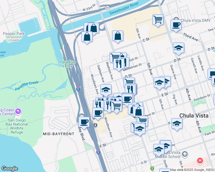 map of restaurants, bars, coffee shops, grocery stores, and more near 87 Oaklawn Avenue in Chula Vista